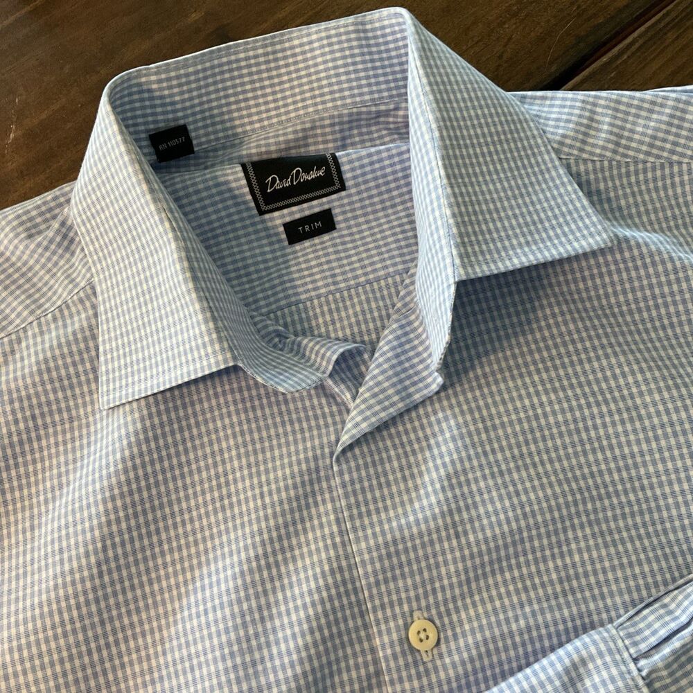 David Donahue Dress Shirt Mens 17 36/37 Blue Gingham Trim Slim Fit Cotton